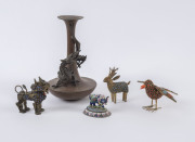 Japanese bronze dragon vase, miniature cloisonne vase (signed), Indian miniature enamel elephant studded with rubies, three Sino-Tibetan animal ornaments, 19th and 20th century, (6 items), the dragon vase 15cm high