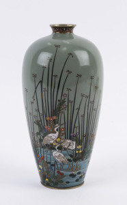 A Japanese cloisonne vase with cranes and reeds on grey ground, Meiji period, early 20th century, 19cm high