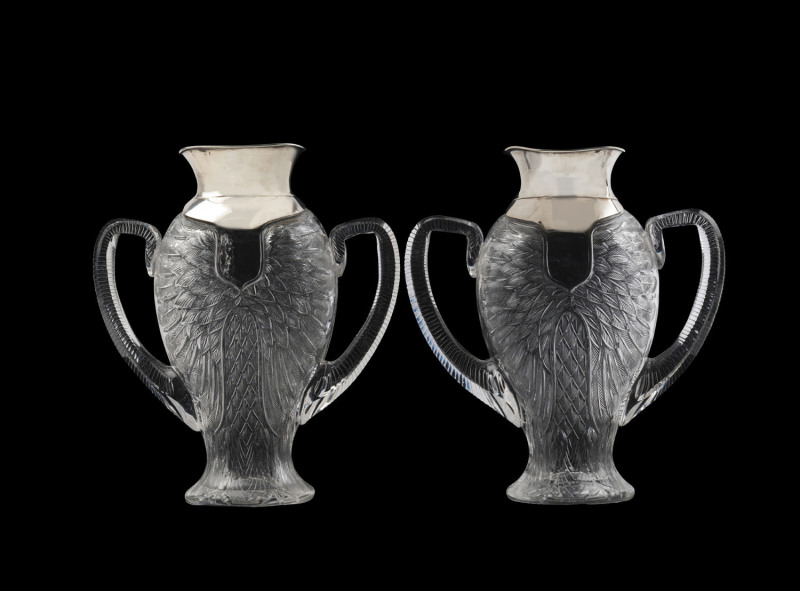 THOMAS WEBB (attributed) pair of Stourbridge glass mantel vases with sterling silver mounts, beautifully carved glass with bird feather motif, 19th century, silver marks mark "A.J.H" London, 1880,