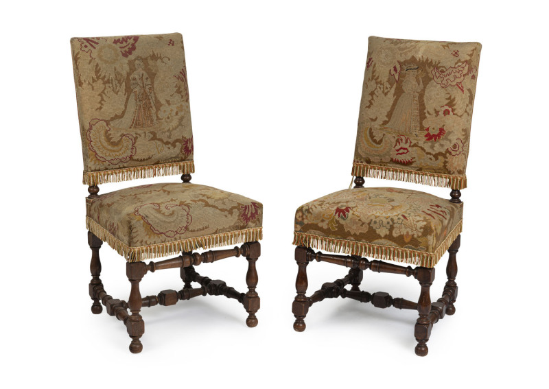 A pair of antique hall chairs, turned walnut with tapestry upholstery, 19th century