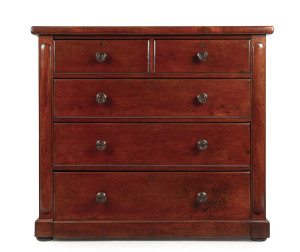 A mahogany five drawer chest with cross banded moulding, 19th century, ​109cm high, 124cm wide, 52cm deep