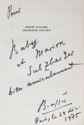 HENRY MILLER - "Grandeur Nature". [Gallimard Publishers, Paris,1975]. Illustrated dust jacket, showing portrait of Miller by esteemed photographer Brassai, SIGNED INSCRIPTION BY BRASSAI on the half title page - "Pour Baby et Marion Sulzberger, bien amic - 2