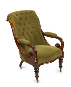 An antique armchair, walnut and green velvet, circa 1865, 70cm across the arms
