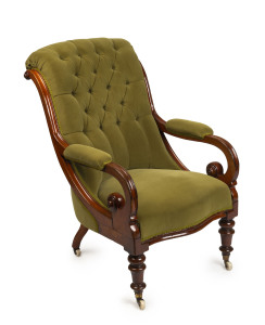 An antique armchair, walnut and green velvet, circa 1865, ​70cm across the arms