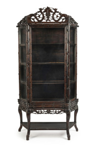A Chinese display cabinet with faux bamboo carved timber frame, early 20th century, 185cm high, 94cm wide, 31cm deep