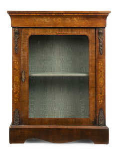 An antique English pier cabinet, burr walnut with gilt metal mounts, 19th century, 109cm high, 84cm wide, 32cm deep