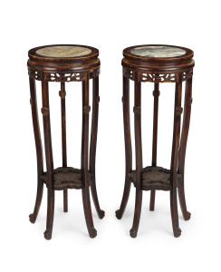 A pair of Chinese pedestals, carved wood with inset marble tops, early 20th century,