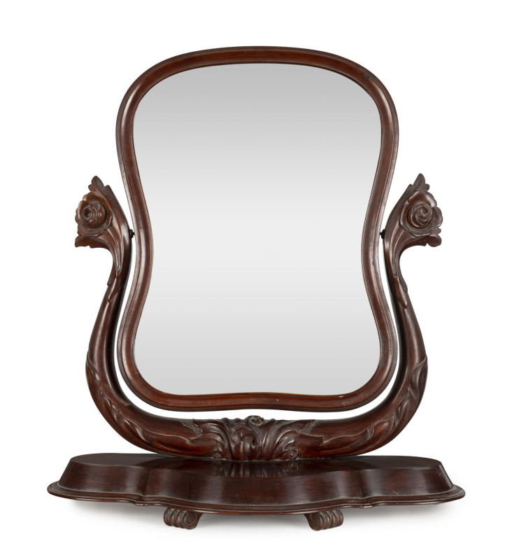 An antique toilet mirror with lyre shaped stand, mahogany, 19th century, ​75cm high, 75cm wide