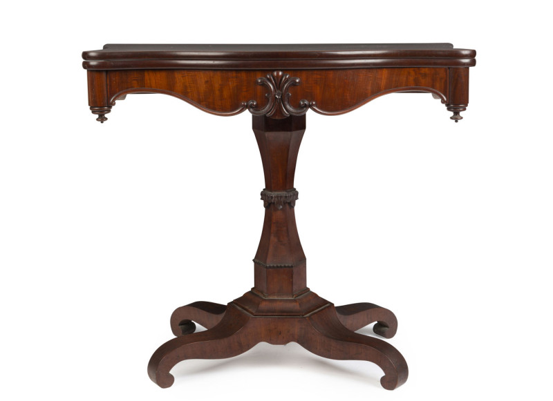 An antique mahogany Scottish fold-over tea table, mid 19th century, 77cm high, 86cm wide, 44cm deep