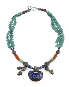 A Chinese necklace withe silver and enamel pendant, lapis, jade carved amber and turquoise beads, 19th/20th century, 68cm long