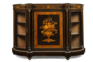 An antique walnut sideboard with floral marquetry central panel, ebonized finish, curved glass doors and gilt metal mounts, 19th century, ​108cm high, 154cm wide, 46cm deep