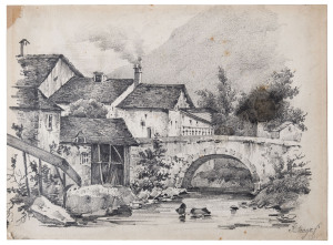 JACQUES ARAGO (1790-1855), French rural village scene, pencil drawing on paper, signed and dated at lower right "J. Arago, 1830", ​17.5 x 23.5cm.