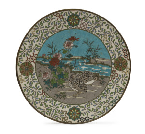 Japanese cloisonne plate with quail and chrysanthemum decoration, Meiji period, 30.5cm diameter