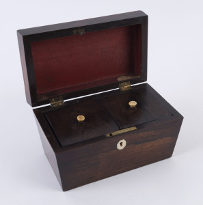 An antique English rosewood tea caddy with bone escutcheon, early 19th century, 11.5cm high, 19.5cm wide, 11.5cm deep