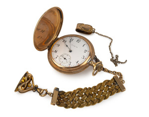 ELGIN American full hunter pocket watch in 14ct gold case, plus accompanying gold plated Albert chain and fob seal, 19th century, ​bezel 5cm diameter