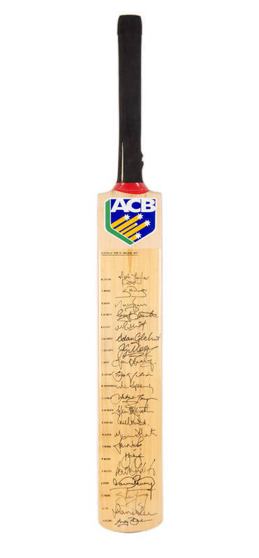 1997 AUSTRALIAN TOUR TO ENGLAND, full size "Gray-Nicolls" Cricket Bat signed on front by Australian team, with 21 signatures including Mark Taylor, Steve & Mark Waugh, Adam Gilchrist, Glenn McGrath, Ricky Ponting & Shane Warne. Front of bat varnished, so