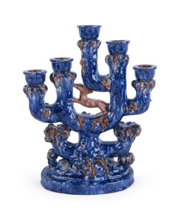 WIENER WERKSTÄTTE pottery candelabrum by VALLY WIESELTHIER, Austria, circa 1922, red triangular paper label "Original Gmundner Keramik I. Graben 30" stamped "G.K. Austria" in square pictorial mark with pot plant, 40.5cm high