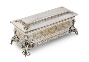 W.M.F. German Art Nouveau silver plated casket with dragonfly decoration, circa 1905, stamped with W.M.F. factory mark, 17cm high, 39cm wide, 17cm deep