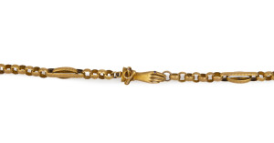 An antique 15ct gold muff chain with fine hand clasp studded with a ruby, 19th century, 131cm long, 62.5 grams