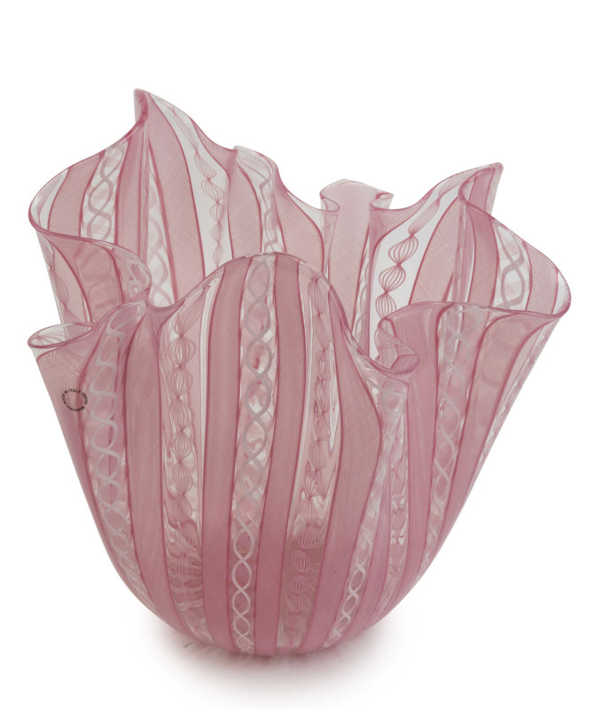 VENINI Fazzoletti Filigree pink Murano glass vase, engraved "Venini, 2002", with circular label "Venini, Murano, Made In Italy", ​30cm high, 29cm across