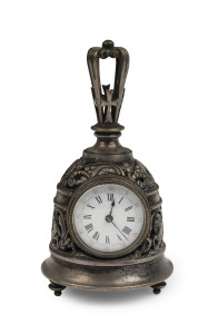 An antique French bell shaped desk clock, cast metal case with silvered finish, 19th century, 14cm high