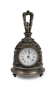 An antique French bell shaped desk clock, cast metal case with silvered finish, 19th century, ​14cm high