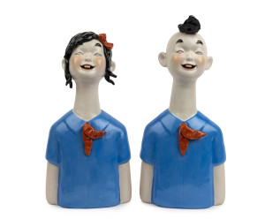 A pair of Chinese Art Deco style porcelain busts, 20th century, seal mark to bases, 40cm and 41cm high
