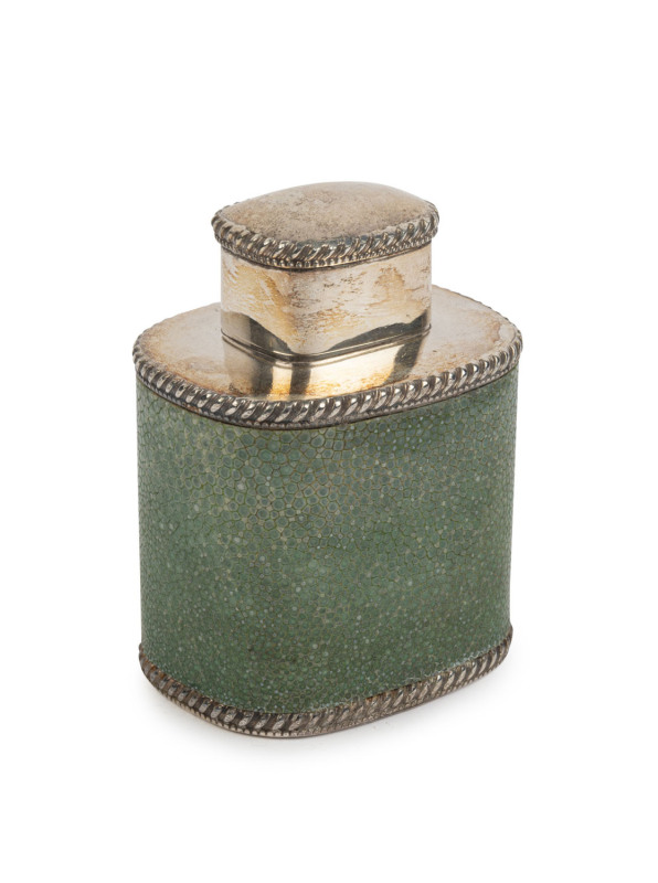 A tea caddy, shagreen and silver plate, 19th century, 10.5cm high