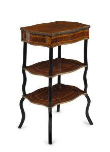 A French étagère, kingwood and amboyna with gilt metal mounts, lift top compartment with mirror, 19th century, 76cm high, 45cm wide, 38cm deep