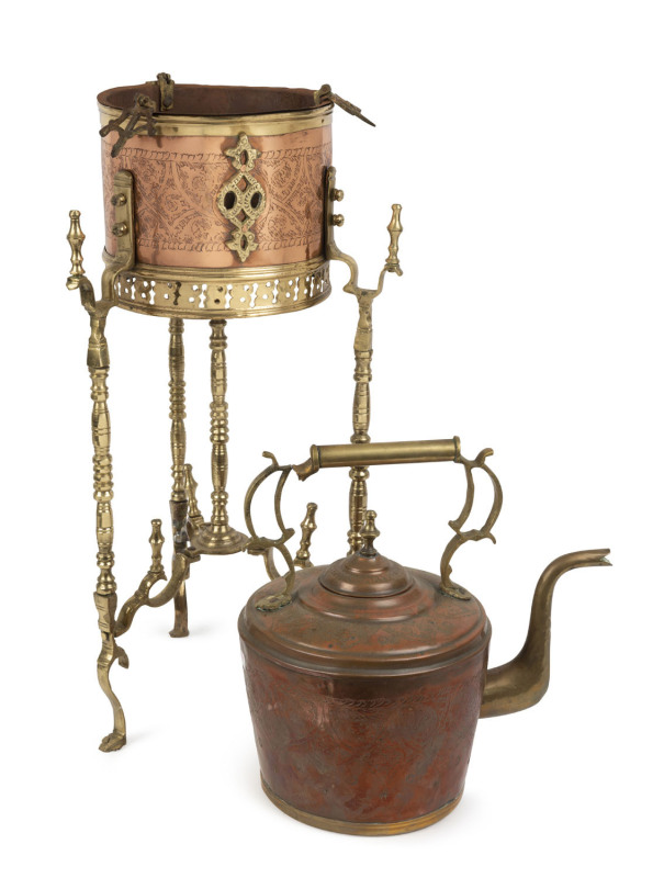 A large Moroccan copper and brass kettle with warming stand, 19th century, 130cm high