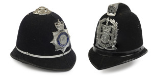 Two English police "Bobby" helmets", Hampshire police and the Metropolitan police, 20th century,