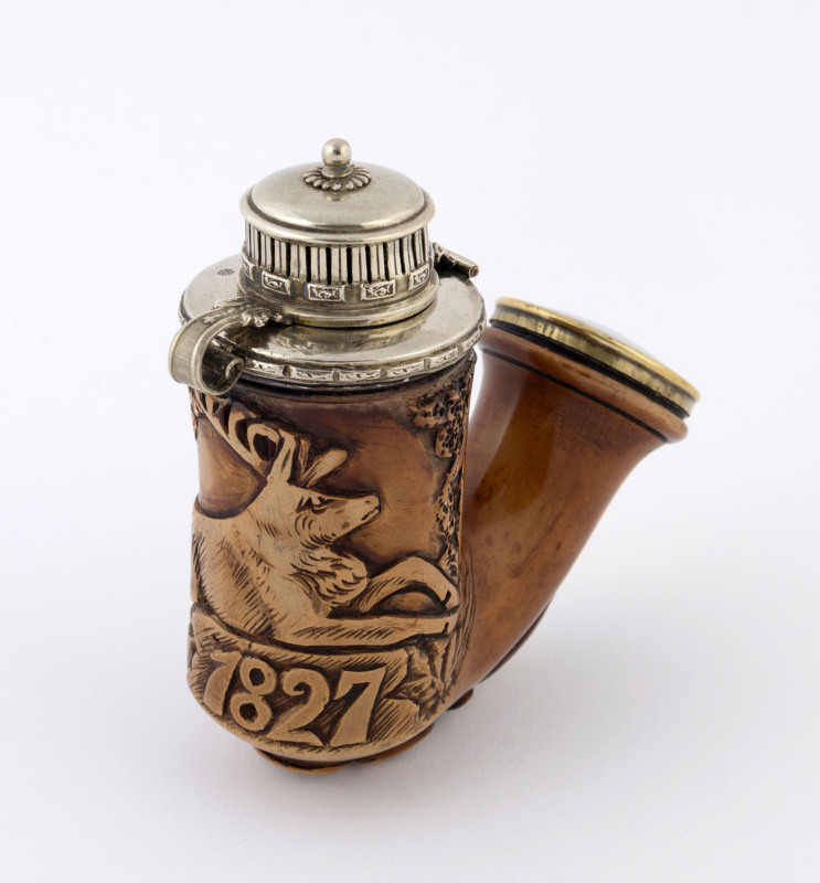 An antique German pipe, silver, meerschaum, wood, brass and horn, engraved "1827", ​50cm long