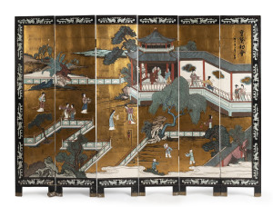 A Chinese 6 fold screen, early 20th century, 185cm high, 246cm wide