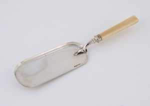 An antique English sterling silver crumb tray with ivory handle, by Walker & Hall of Sheffield, early 20th century, 29.5cm long