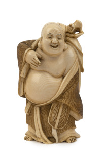 A Japanese happy Buddha statue, carved ivory, Meiji period, 19th century, two character mark to base, 14cm high, ​