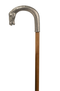 A walking stick, silver horse head handle with Malacca cane shaft and metal ferrule, 19th century, 93cm high
