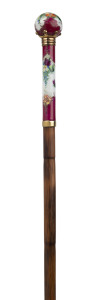 SEVRES French porcelain handled walking stick mounted in gilt metal with cane shaft and copper ferrule, 19th century, 97cm high