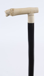 A walking stick with carved ivory lion's head handle, solid ebony shaft and ivory ferrule, African origin, 19th century, 94cm high