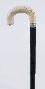 An antique umbrella walking stick, ivory handle with silver collar, black lacquered telescopic shaft and nickel plated ferrule, 90cm high