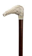 An American Indian themed walking stick, carved deer antler handle, silver collar, Malacca cane shaft and brass ferrule, 19th/20th century, 93cm high