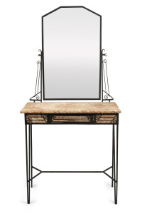 A French Art Deco dressing table, wrought iron and marble, circa 1930, 165cm high, 80cm wide, 41cm deep