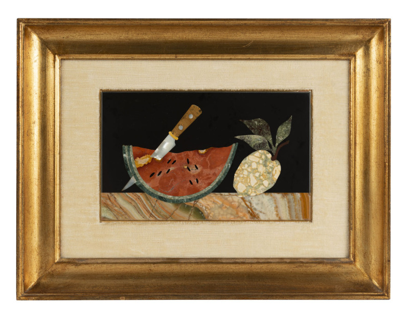 An Italian pietra dura still life panel with fruit, 19th/20th century, 19 x 31cm, frame 41 x 54cm