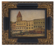 LUDWIG NEUMÜLLER (Austrian, 1888 - 1933), Freistadt Obstmarkt, miniature oil on board, in period Florentine frame, 12.5 x 15cm overall.