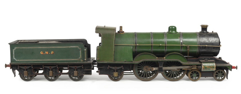 BASSETT LOWKE live steam model of British GNR (Great Northern Railway) '4-4-2' Atlantic steam engine with 6-wheel tender, livery in green, 3½ inch gauge; length (with tender) 110cm, width 16.5cm, height 28cm, weight 25kg.
