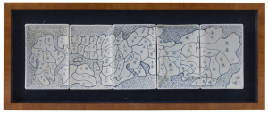Samurai map of Japan on five porcelain dishes, attractively framed and mounted, 30 x 71cm overall