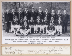 THE 1934 AUSTRALIAN CRICKET TEAM IN ENGLAND An official team photograph, window mounted, with 15 original pen signatures in the window below: Bill Woodfull (captain), Alan Kippax, Don Bradman, Fleetwood-Smith, Hans Ebeling, Arthur Chipperfield, Bill O'Reilly, Tim Wall, Bill Brown, Len Darling, Stan McCabe, Bert Oldfield, Ben Barnett & officials. Overall 41 x 35cm. Australia won the 1934 Ashes series against England, winning two of the matches and losing one, with the other two tests