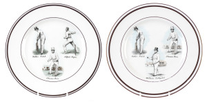 A pair of Staffordshire bone china plates, 27cm diameter; one depicts Fuller Pilch, Thomas Box & William Lillywhite; the other, Fuller Pilch, Alfred Mynn & Thomas Box. Both with gilt trim to edges. Fine condition. circa 1950s (2).