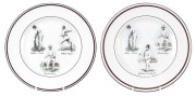 A pair of Staffordshire bone china plates, 27cm diameter; one depicts Fuller Pilch, Thomas Box & William Lillywhite; the other, Fuller Pilch, Alfred Mynn & Thomas Box. Both with gilt trim to edges. Fine condition. circa 1950s (2).