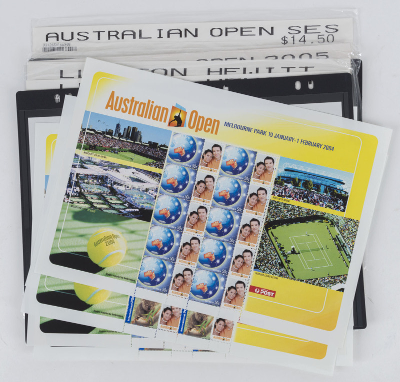 Australia Post Special Event Sheets with Tennis themes: with 2001 Davis Cup Final (2), Australian Open 2003 (2), 2004 (7) and 2005, and celebrating Lleyton Hewitt's 2001 achievements (2). (Total: 14 complete sheets). Issue Price: approx. $230 (with value