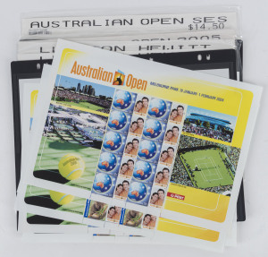 Australia Post Special Event Sheets with Tennis themes: with 2001 Davis Cup Final (2), Australian Open 2003 (2), 2004 (7) and 2005, and celebrating Lleyton Hewitt's 2001 achievements (2). (Total: 14 complete sheets). Issue Price: approx. $230 (with value